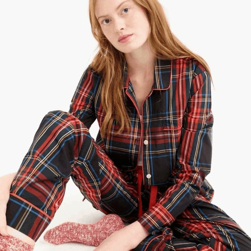 J. Crew Stewart Tartan Cotton Poplin Plaid Pajama Pant Set Women's Size Large